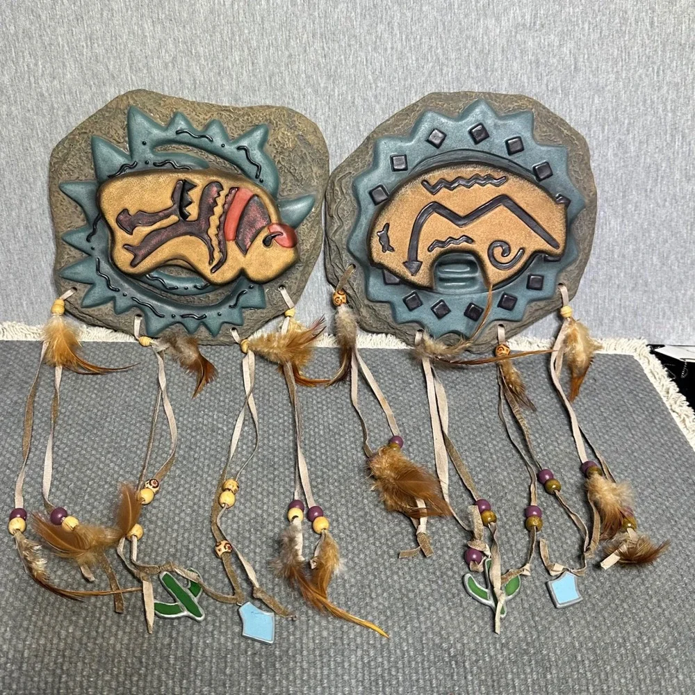 Southwestern Buffalo Bear Wall Art Set Resin Petroglyph Plaques Feathers Beads